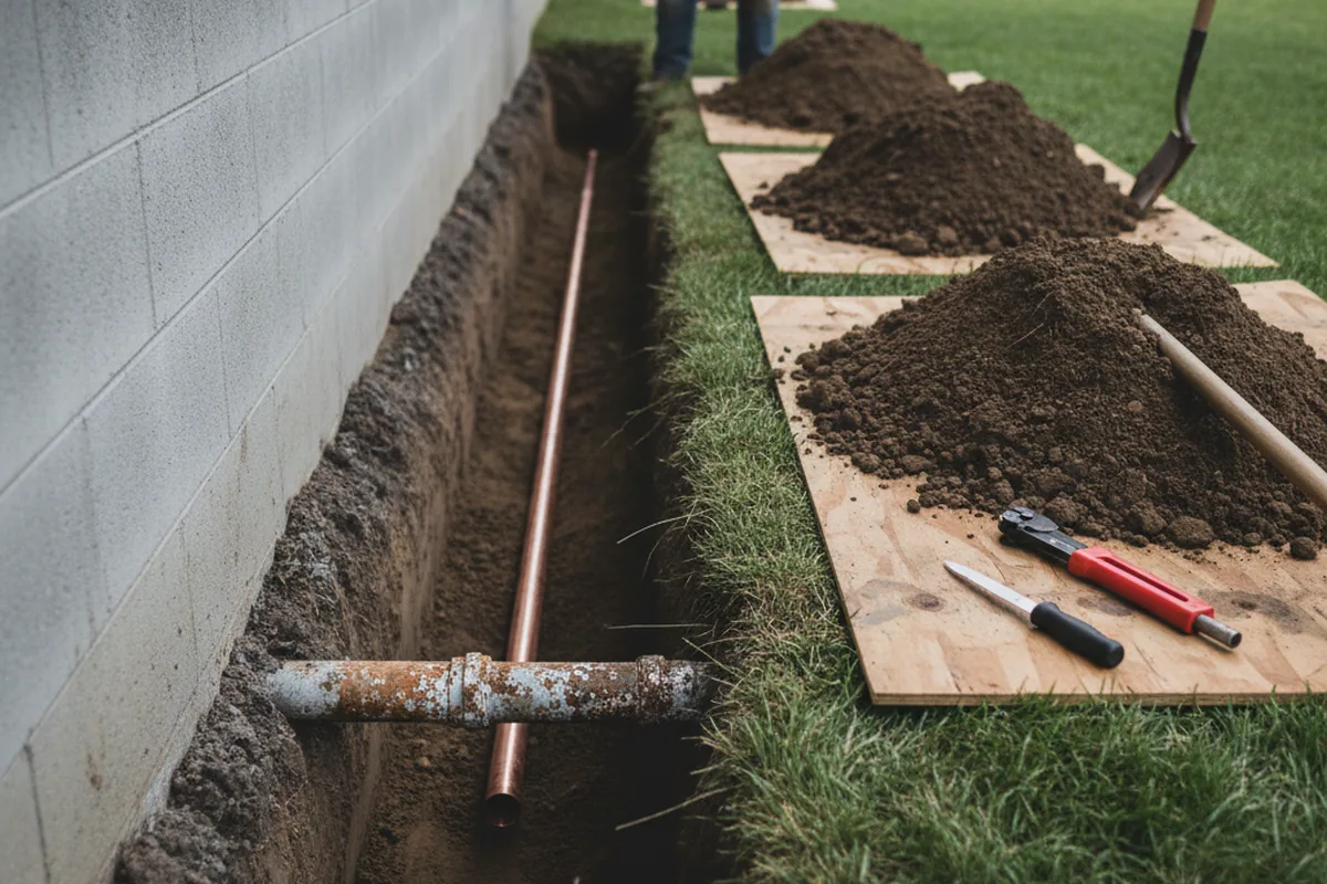 Excavated water line trench during Water Softener Installation in Fort Collins